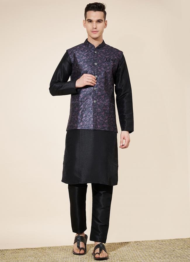 Pure Silk Navy Blue Wedding Wear Printed Readymade Modi Jacket Kurta Pajama